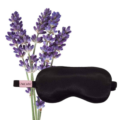 kitsch lavender weighted satin sleep mask black. sleep support, ways to sleep better, satin sleep masks, weighted sleep mask