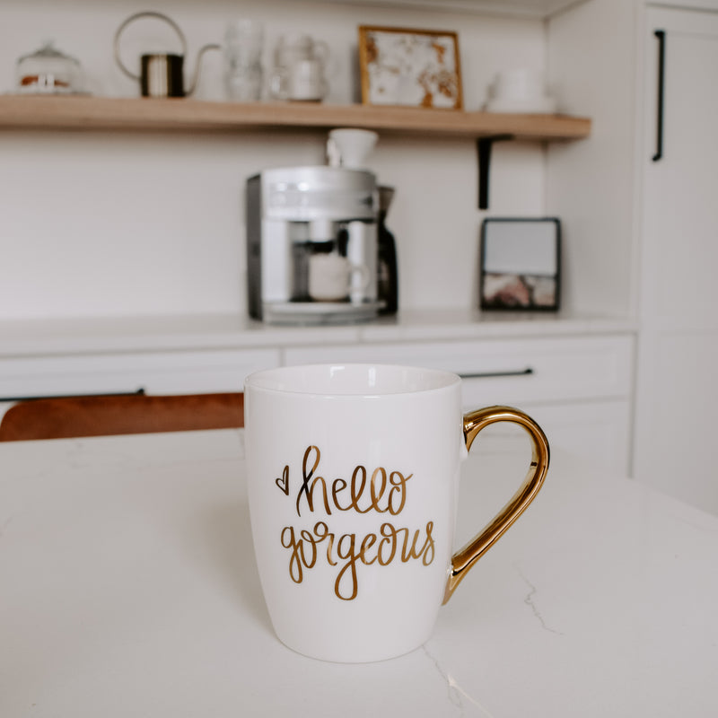 Hello Gorgeous - Gold and White Coffee Mug - 16 oz - The Self-Care Shop. Trendy Mugs, trendy coffee mugs, gold and white mug
