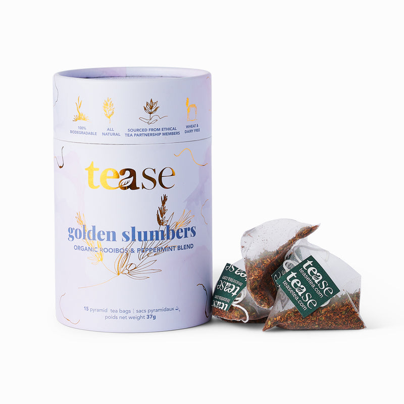 Golden Slumbers, Sleep Tea Blend | Compostable Pyramid Bags - The Self-Care Shop. Organic, Rooibos and peppermint tea blend for sleep support. all natural teas