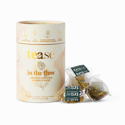 In The Flow, Menstrual Tea Blend | Compostable Pyramid Bags - The Self-Care Shop. Menstruation support, period support. Organic dandelion & hibiscus tea blend