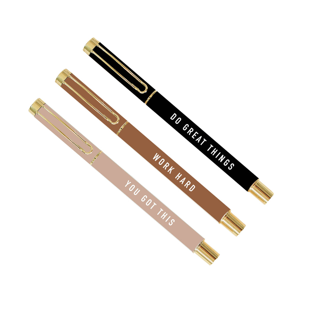 Motivational Metal Pen Set - Neutrals - The Self-Care Shop. Trendy stationary, gold, metal pen sets