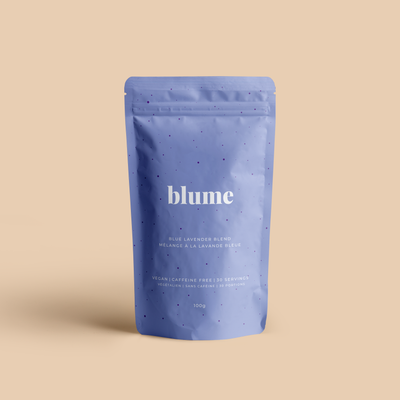 Blue Lavender Blend By Blume. Vegan, caffeine free, latte blends, superfoods. Lavender, coconut milk, and blue spirulina make this blend balanced, calming, and smooth. Take a sip, turn your brain off and do nothing.