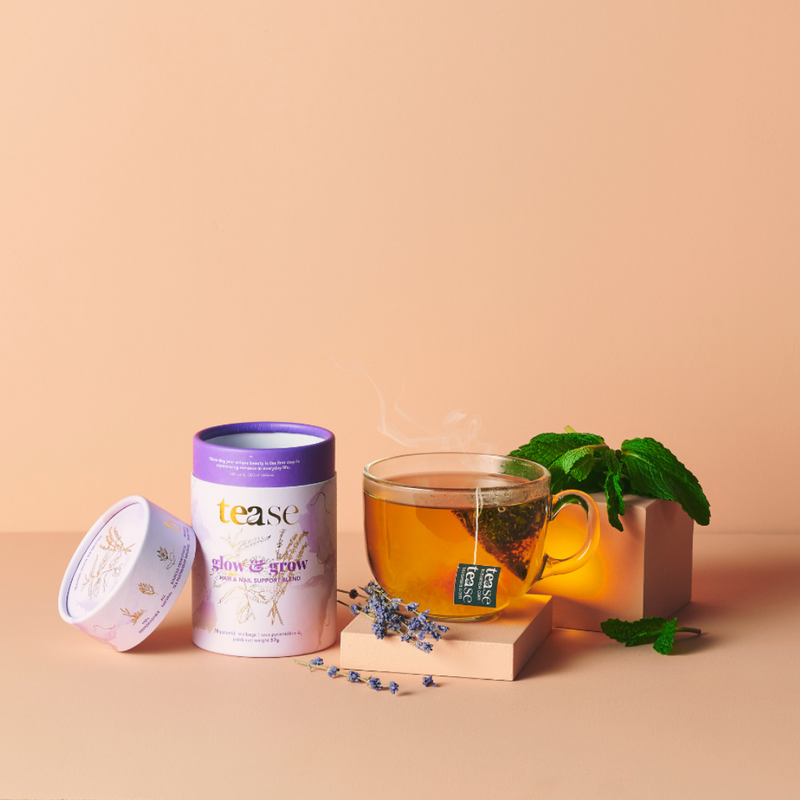 Glow & Grow | Nail & Hair Growth Tea Blend | Pyramid Bags - The Self-Care Shop. Hair & Nail Support Blend, all natural teas, canadian made, Edmonton AB, Custom Gift Boxes
