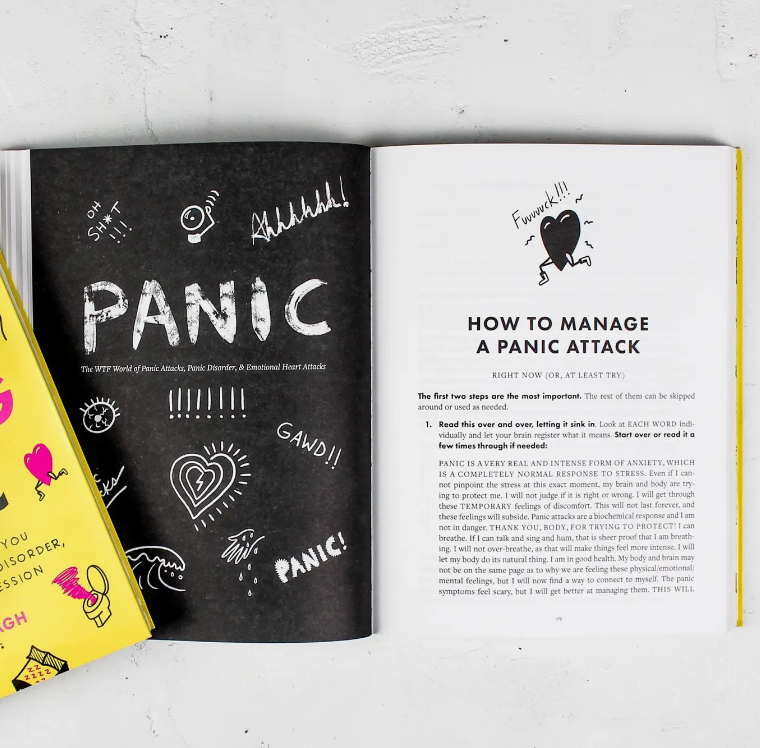 Dont f*cking panic by kelsey darragh, comedian and mental health advocate. Talks about anxiety, depression, panic attacks, interactive workbook, self help books. raw and honest approach to discussing, accepting, and managing debilitating anxiety, panic, and depression, Don&