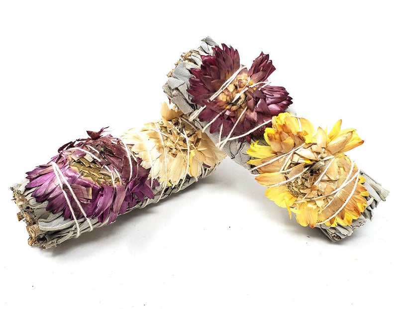 california white sage & paper flower smudge stick. Energy clearing, new beginnings, jump start your life and clear out negative energy