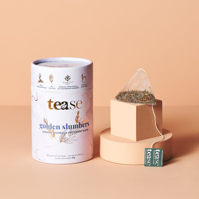 Golden Slumbers, Sleep Tea Blend | Compostable Pyramid Bags - The Self-Care Shop. Organic, Rooibos and peppermint tea blend for sleep support. all natural teas
