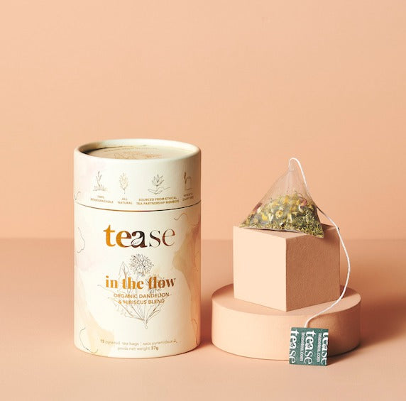 In The Flow, Menstrual Tea Blend | Compostable Pyramid Bags - The Self-Care Shop. Menstruation support, period support. Organic dandelion & hibiscus tea blend