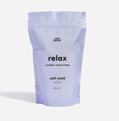 Epic Blend Relax Bath Soak with lavender and sweet orange. Organic, vegan, made in canada bath and body products. Great for custom gift boxes